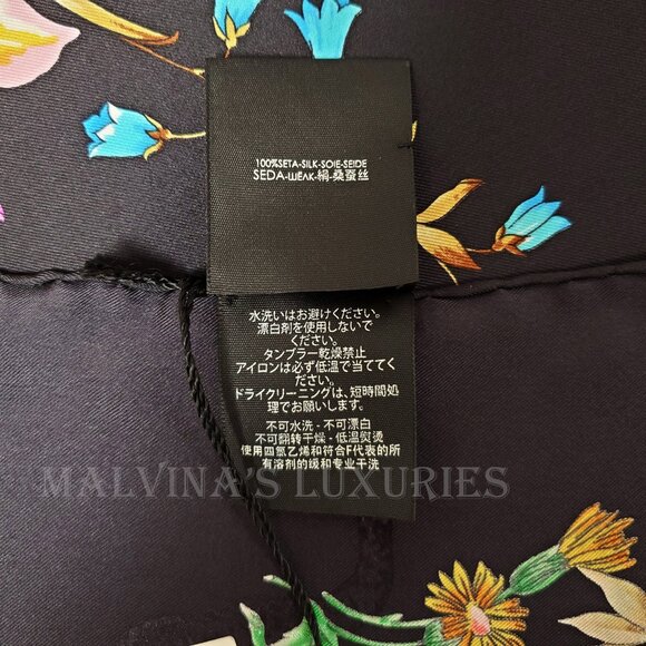 GUCCI SCARF SINE AMORE FLORAL BOUQUET FLORA BLACK SILK TWILL SQUARE 35" - Picture 10 of 12